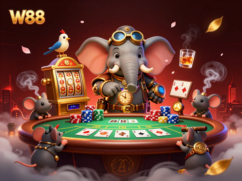 Experience W88's thrilling slots and dynamic poker action in this stunning illustration.