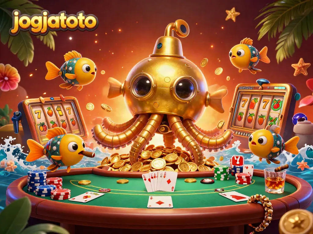 Experience the excitement of jogjatoto casino gaming with a vibrant scene of golden kraken and poker elements.