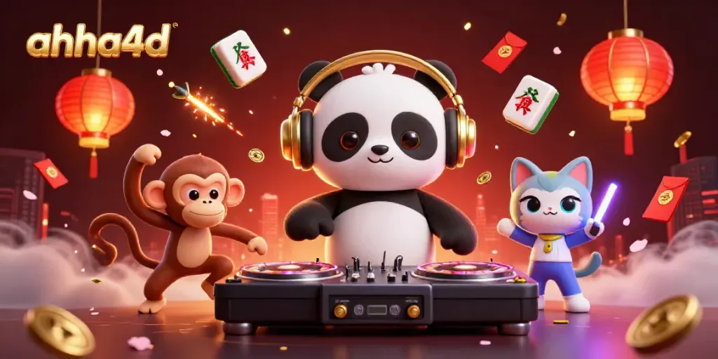 DJ panda dan teman-temannya merayakan kemenangan di kasino online ahha4d dengan warna cerah dan kemeriahan.