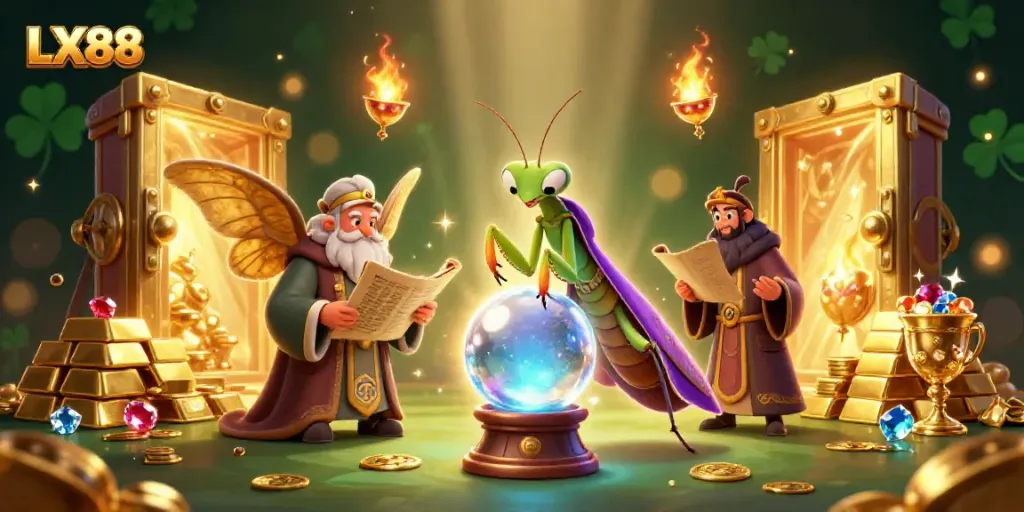LX88 casino scene with a mystical fortune teller and treasures illustrating excitement of gambling.