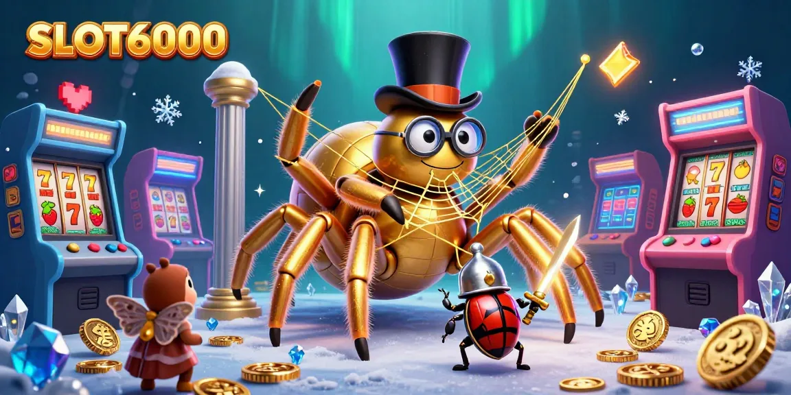 SLOT6000 showcases a golden tarantula and beetle knight in a lively casino scene filled with slot reels and arcade machines.