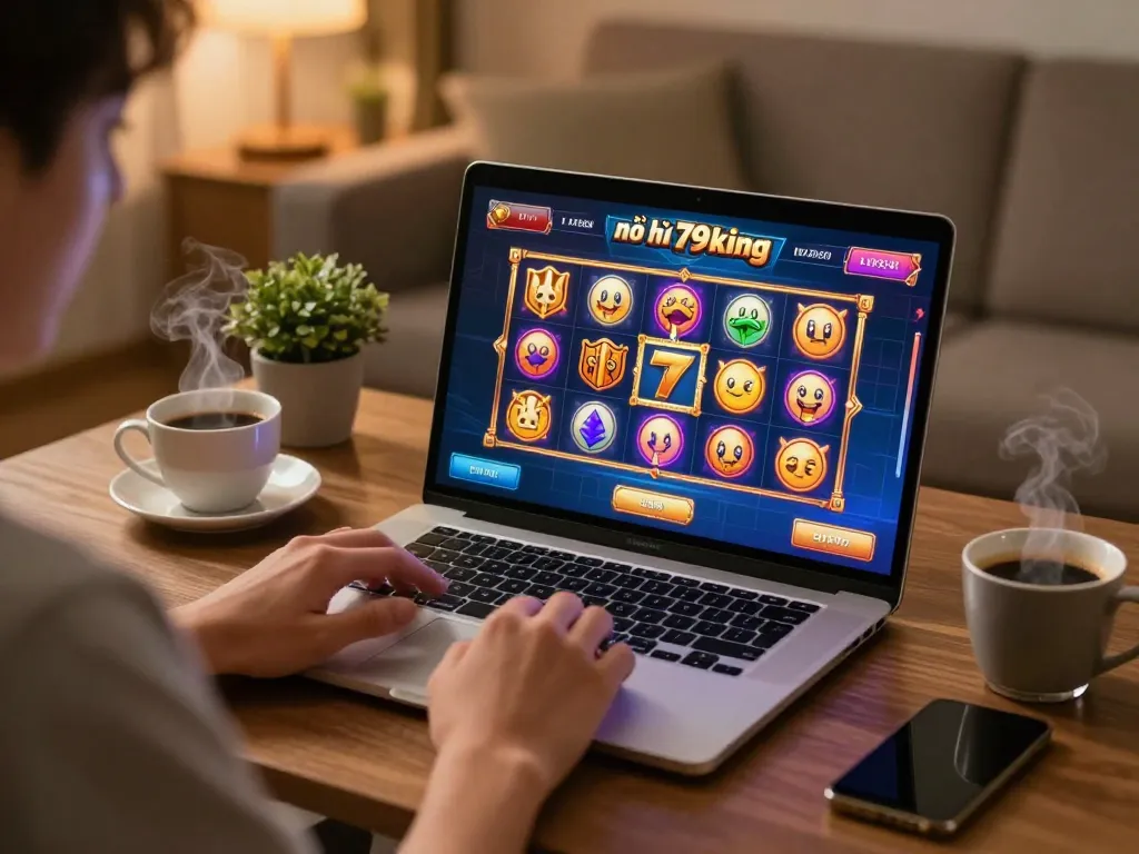 Engaging gameplay of nổ hũ 79king slot game displayed on a laptop screen in a cozy living room.
