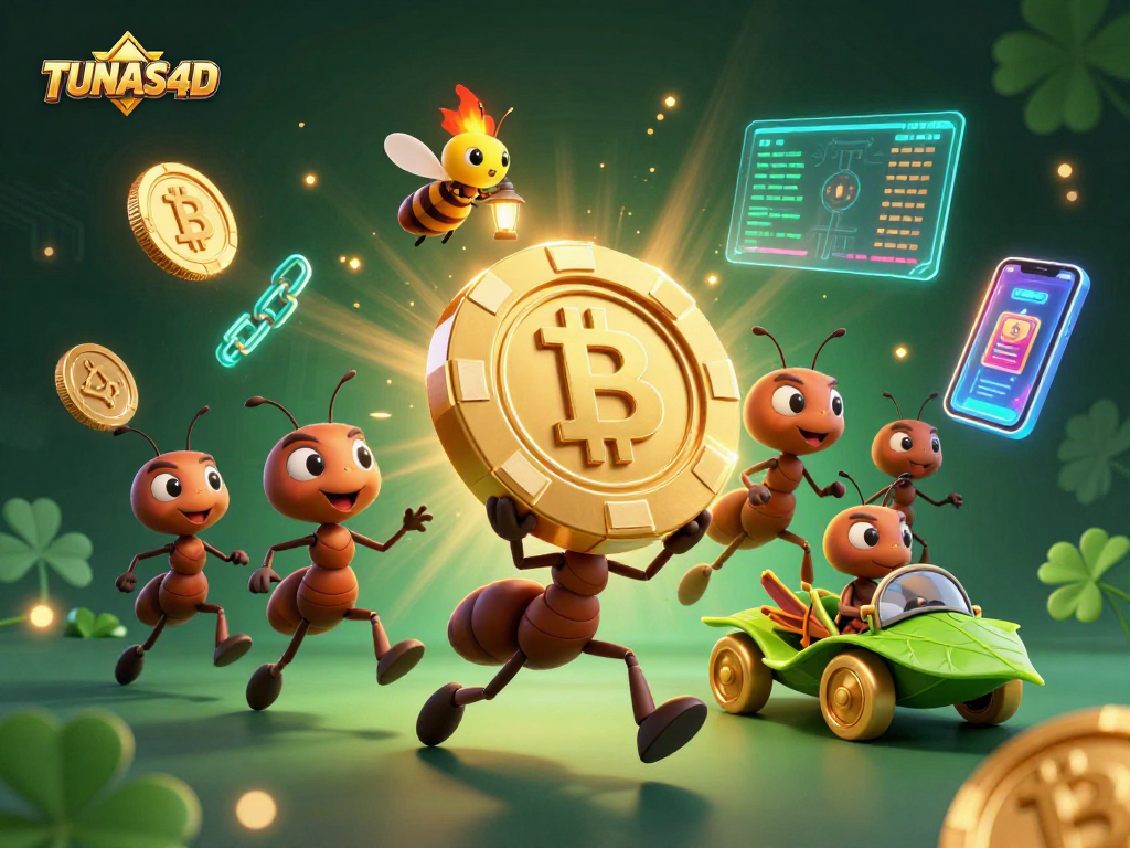 TUNAS4D shows a team of ants in a casino heist for golden chips, surrounded by crypto coins.