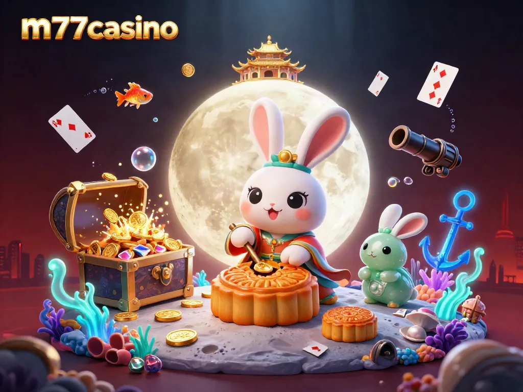 Gambar ilustrasi 3D menarik dari m77casino dengan karakter kelinci bulan dan elemen kasino.