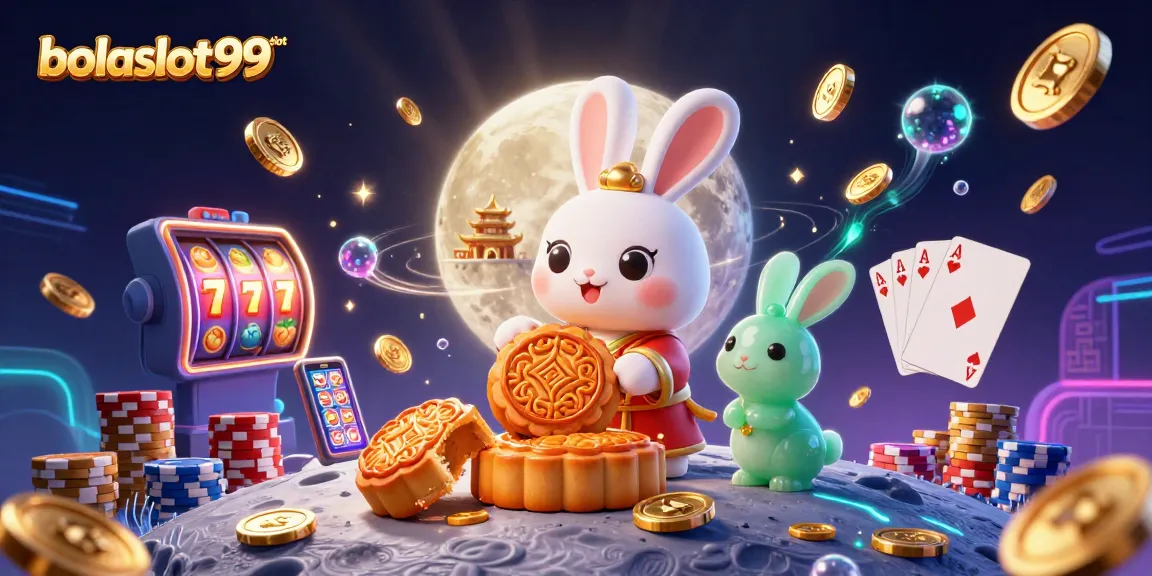 Bursting with excitement, the bolaslot99 slot scene showcases a moon rabbit, poker chips, and vibrant casino elements.