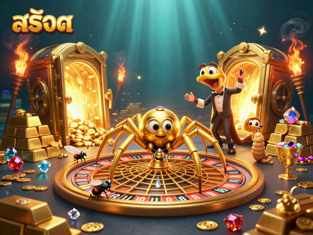 Bet onสล็อต as a golden spider spins a roulette wheel of winnings in a vibrant casino
