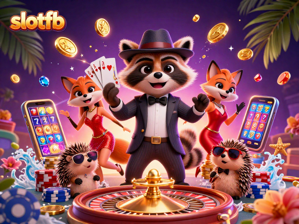 Engaging slotfb casino illustration showcasing a raccoon with royal flush, vibrant casinos elements, and exciting gameplay.