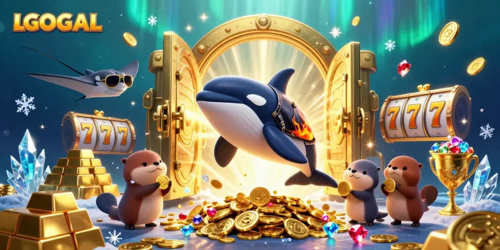 Engage in thrilling gameplay with LGOGOAL featuring animated characters around golden treasures.