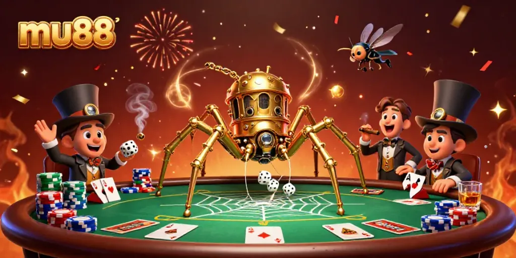 Experience the thrill of mu88 in a dynamic casino scene featuring golden spider and poker elements.