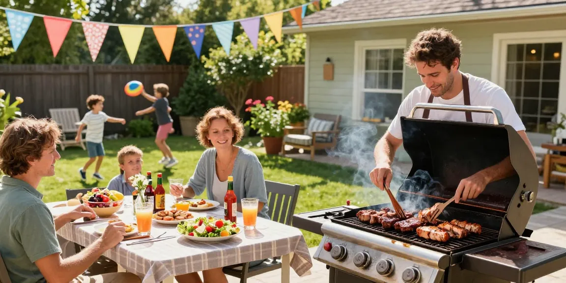 Seorang grill master memanggang daging di pesta BBQ BOS 88 di halaman belakang yang cerah.