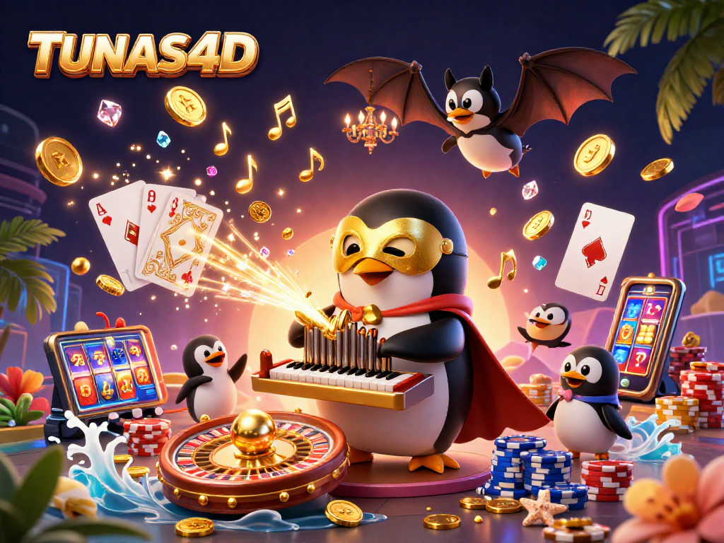 Experience thrilling luck with TUNAS4D as a penguin plays a golden coin organ amidst a dazzling casino atmosphere.