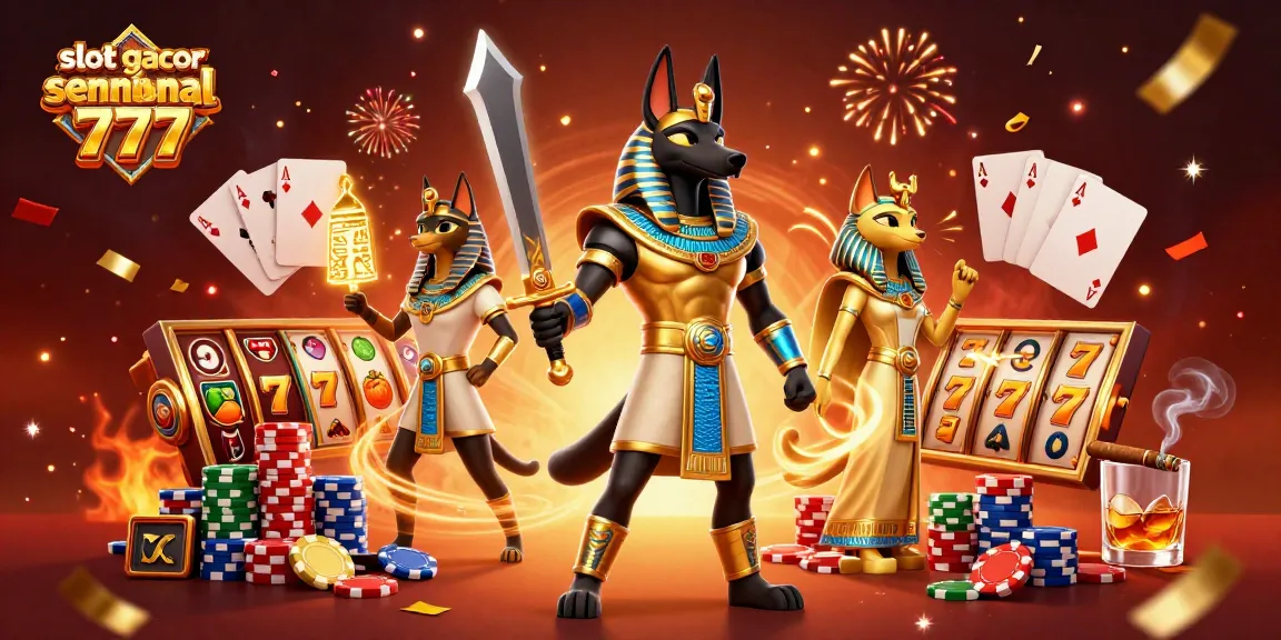 Putaran slot gacor sensational 777 dengan Anubis dan Bastet dalam ilustrasi 3D yang menarik.