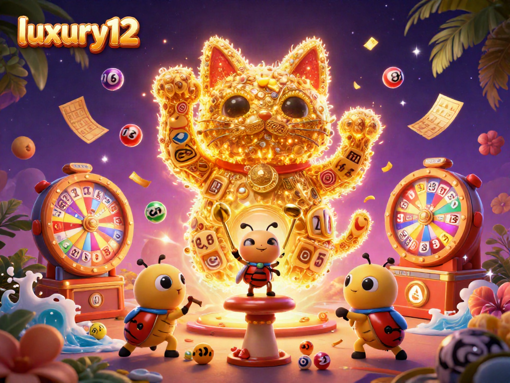 Engage with luxury12's dynamic casino world featuring a lucky cat and vibrant game elements.
