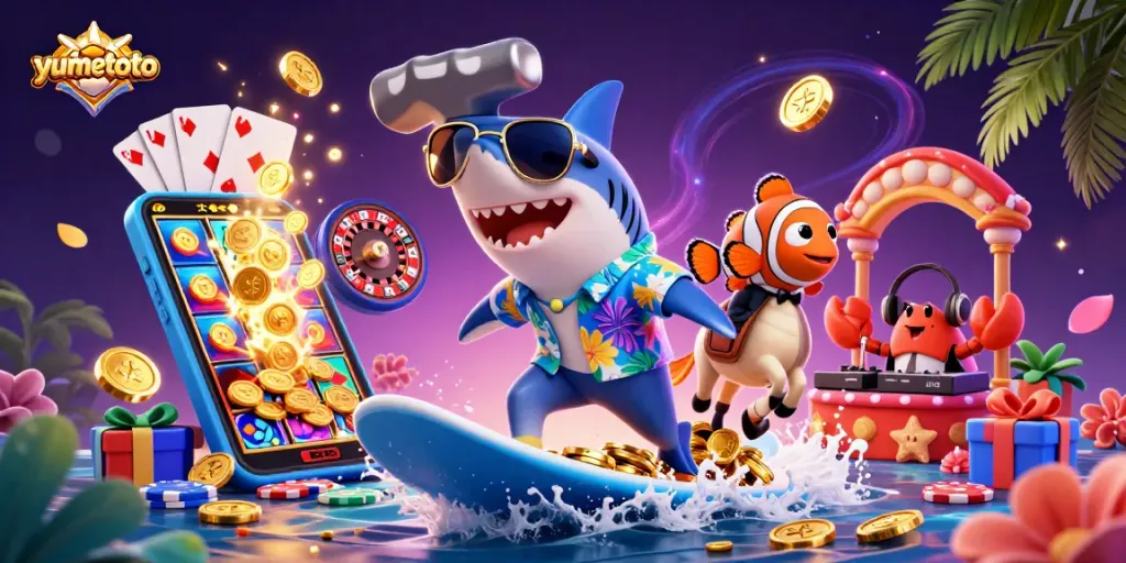 Experience the excitement of yumetoto as a shark surfs on gold coins amidst vibrant casino elements.