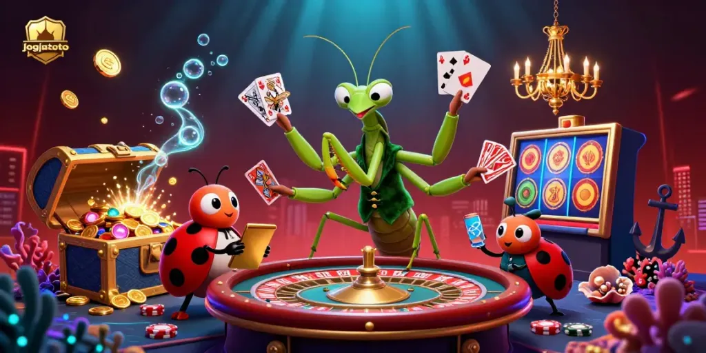Experience vibrant gameplay at jogjatoto with a lively 3D casino scene featuring a giant mantis card sharp.