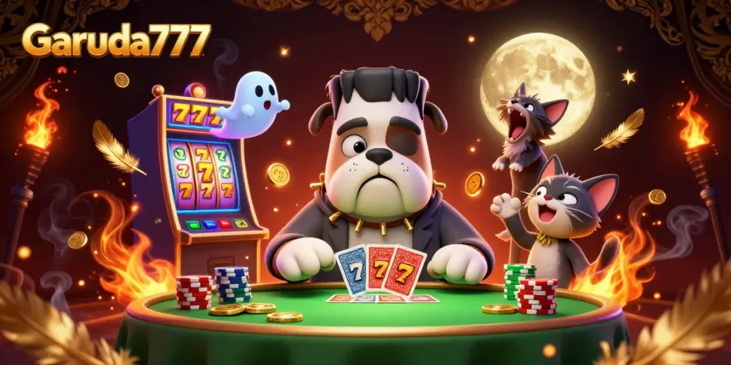 Garuda777 mempersembahkan permainan slot yang menarik dengan Frankenstein bulldog dan kucing werewolf dalam ilustrasi 3D yang dinamis.