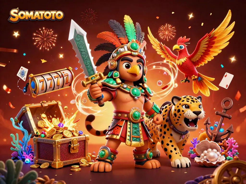 SOMATOTO immersive experience featuring an Aztec warrior and jaguar in a dynamic casino setting with slot reels.