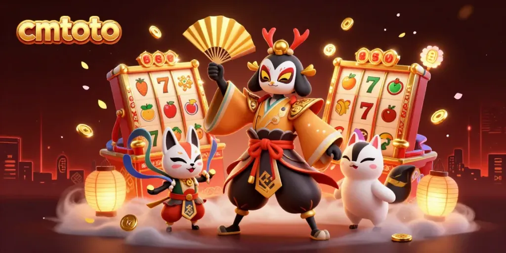 Menangkan jackpot dengan cmtoto, dikelilingi karakter kartun 3D berwarna-warni dan simbol slot magis.