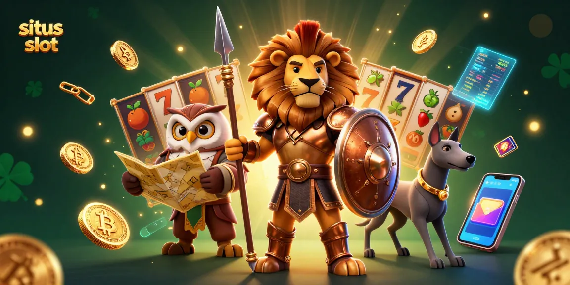 Experience situs slot action with vibrant 3D characters and dynamic game elements in this lively illustration.