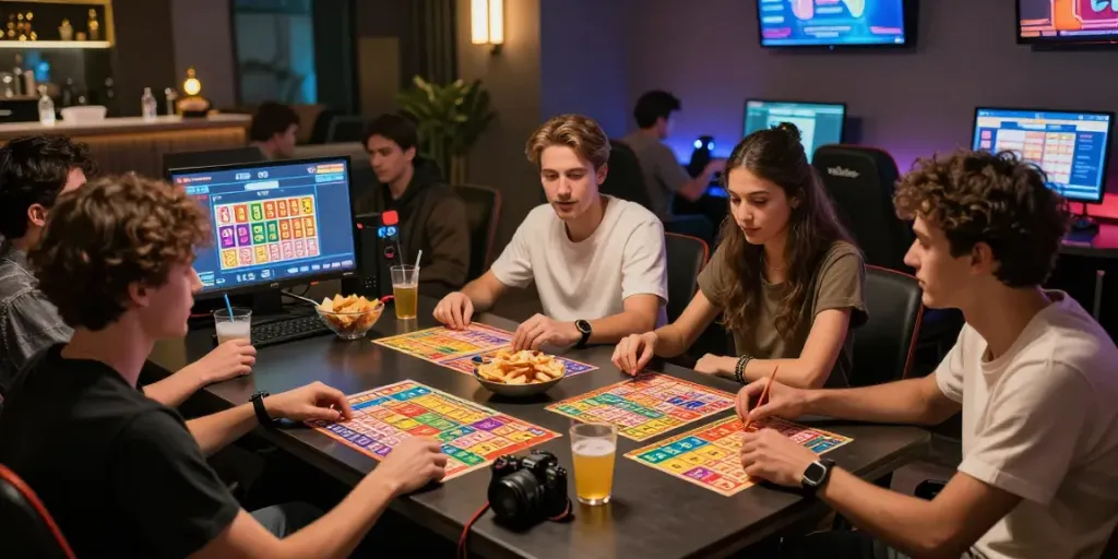 Seribu Toto, suasana santai dengan teman-teman bermain togel bersama di lounge modern.