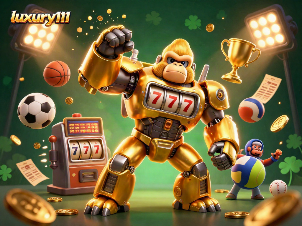 Engage with luxury111 as the golden gorilla mech bursts coins in this vibrant 3D casino-themed scene.