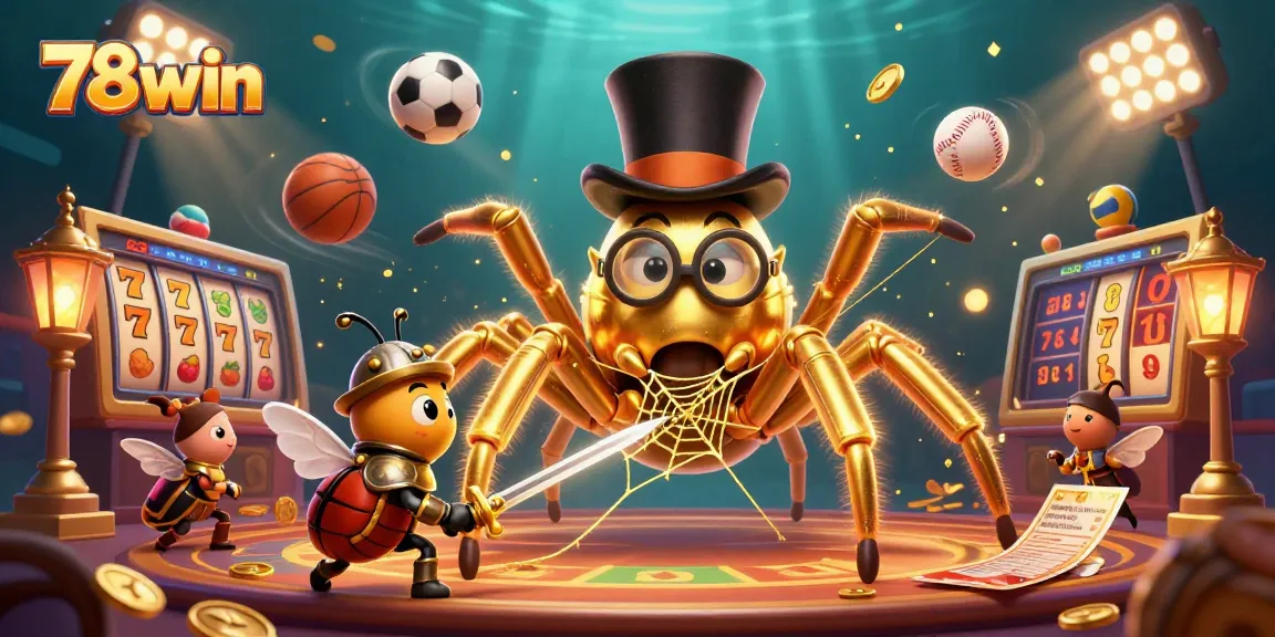 Bet on excitement with 78win showcasing a golden tarantula and a knight in a vibrant casino scene.