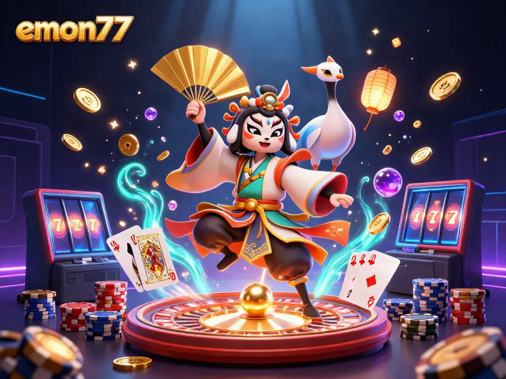 Join the action with emon77 casino’s vibrant 3D illustration of a kabuki warrior amidst gold coins and poker chips.