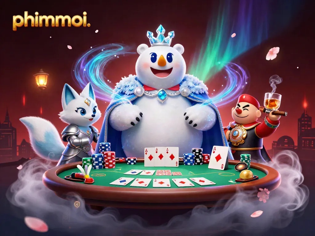 Engage with phimmoi, exploring vibrant casino elements like poker chips and cards in a mystical scene.