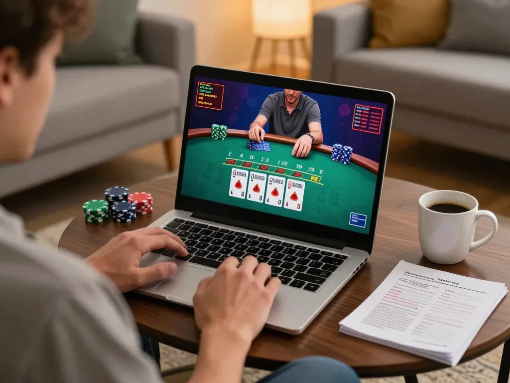 Engaging in a live dealer blackjack game at hwg500 casino from home, showcasing an immersive online gambling experience.