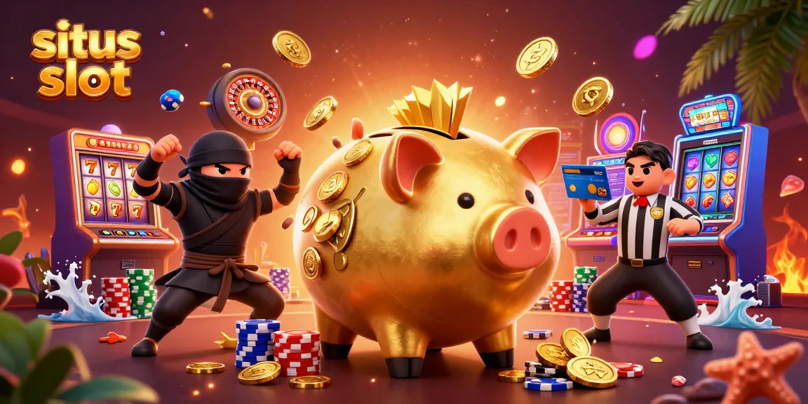 Menangkan peluang di situs slot dengan karakter kartun yang menghancurkan koin emas di latar belakang kasino penuh warna.
