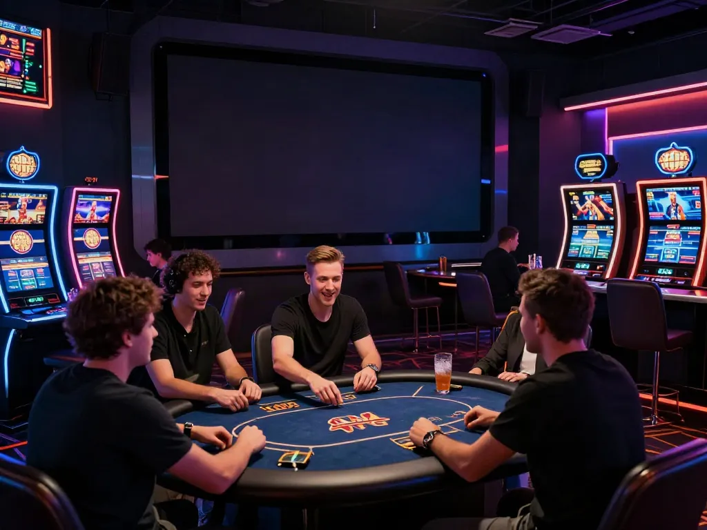 Lingkungan kasino digital kingliga yang gelap dengan pemain terlibat dalam permainan slot dan poker.