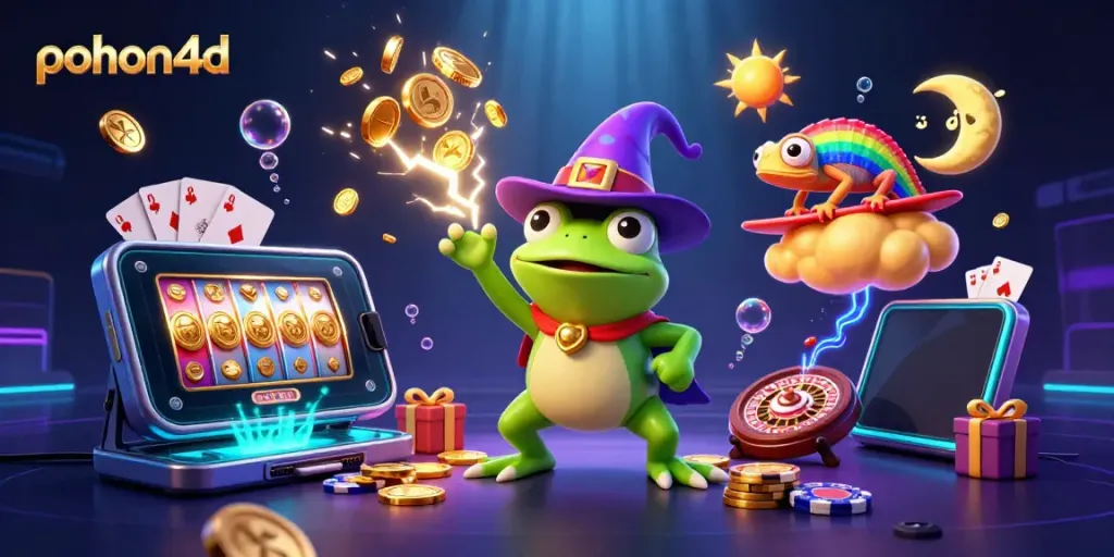 Pohon4d's vibrant 3D illustration showcases a weather wizard frog and rainbow chameleon amidst casino elements.