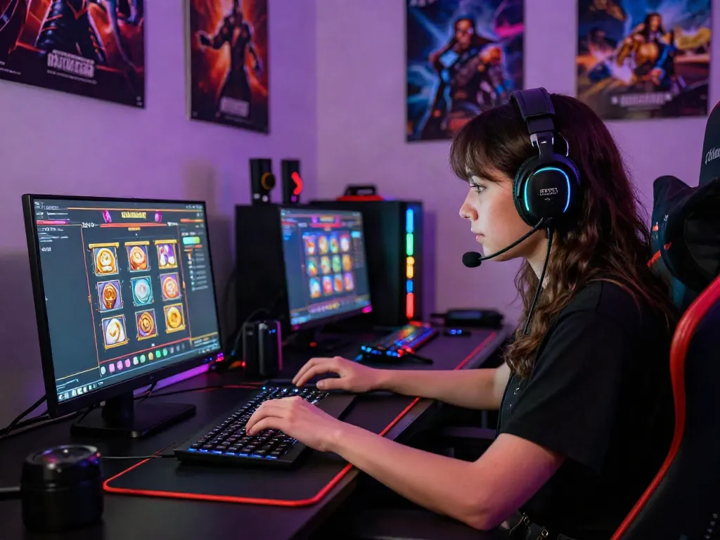 Gamer menikmati permainan slot gacor HOTWIN88 di komputer dengan aksesoris gaming dan suasana modern.