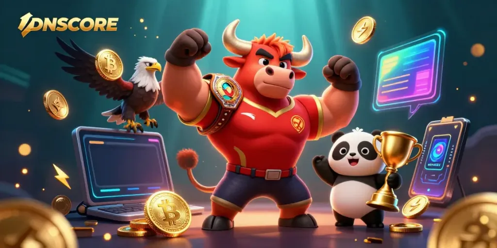 Experience IDNSCORE's victorious gaming scene featuring a bull, eagle, and panda amidst vivid 3D crypto elements.