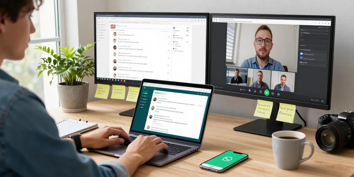 Engaged user accessing WhatsApp網頁版 on laptop with organized workspace.