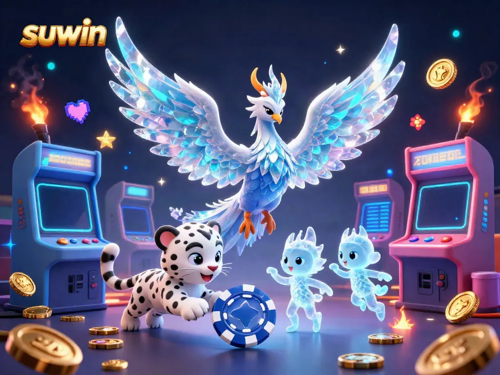 Suwin engages players with a vibrant dynamic scene featuring a crystal phoenix, snow leopard, and ice sprites in a casino setting.