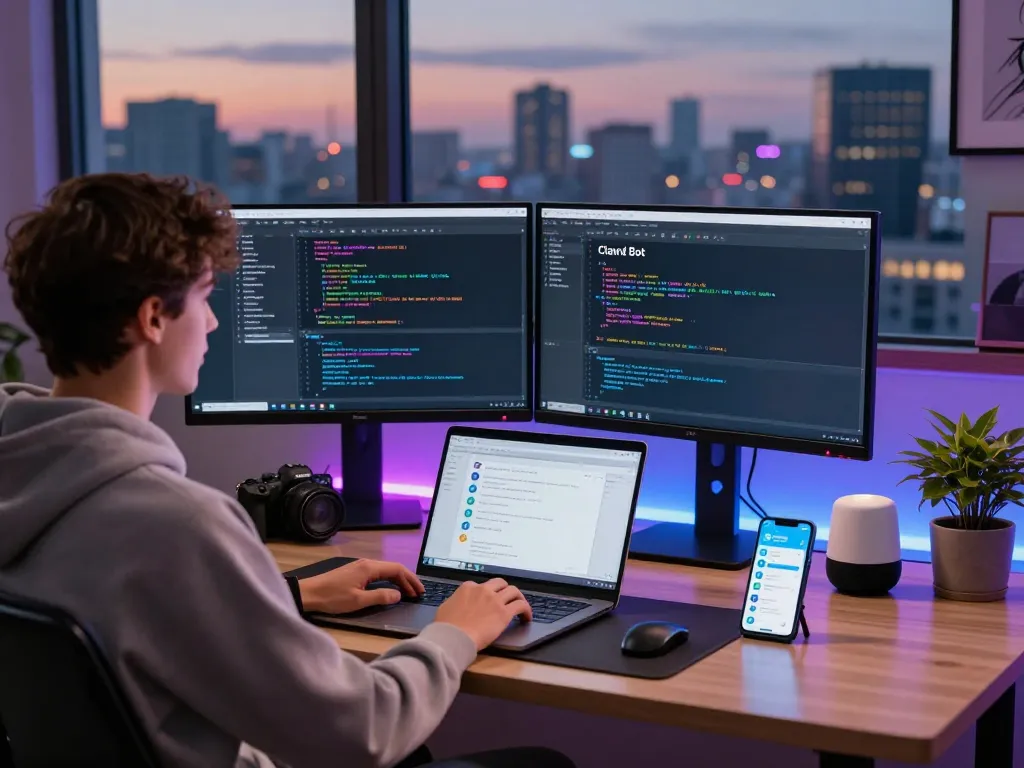 Developer interacting with Clawd Bot on smart devices in a vibrant home office.