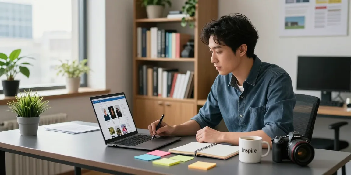 AI blog writer brainstorming ideas in a modern office workspace.