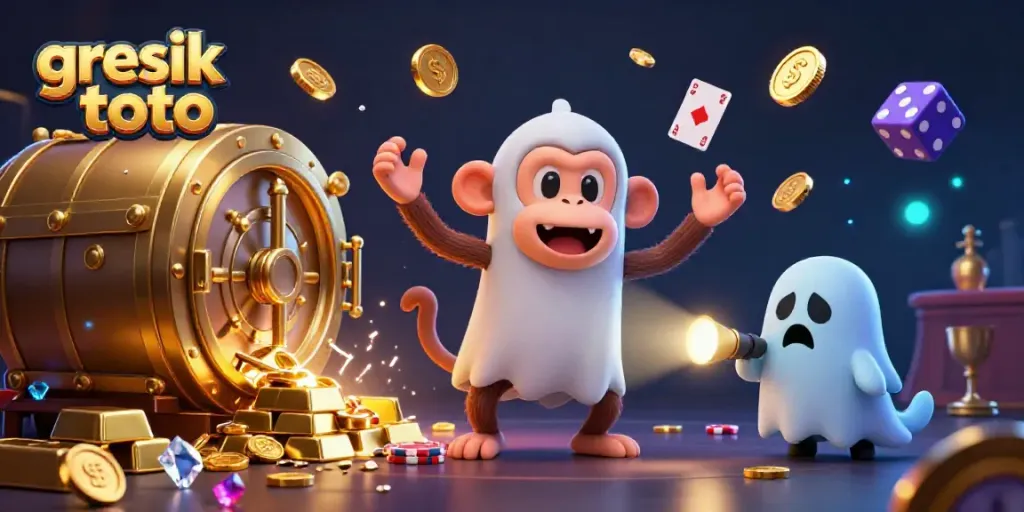 Pemenang togel gresik toto dikelilingi oleh koin, kartu, chips, dan harta karun di kasino berhantu.