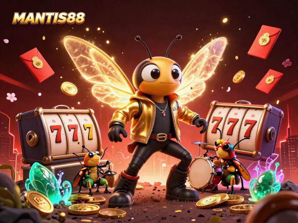 Engage with the vibrant action of MANTIS88's 3D casino scene featuring animated characters and dynamic slot game elements.
