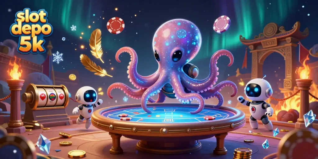 Engage in thrilling gameplay at slot depo 5k with an alien octopus at a poker table amidst cosmic elements.