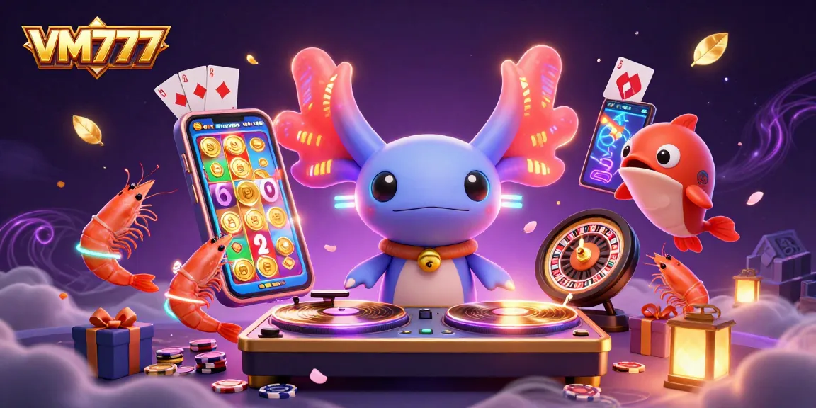 Experience the thrill of VM777 with dynamic gambling action, featuring colorful slot games and vibrant characters.