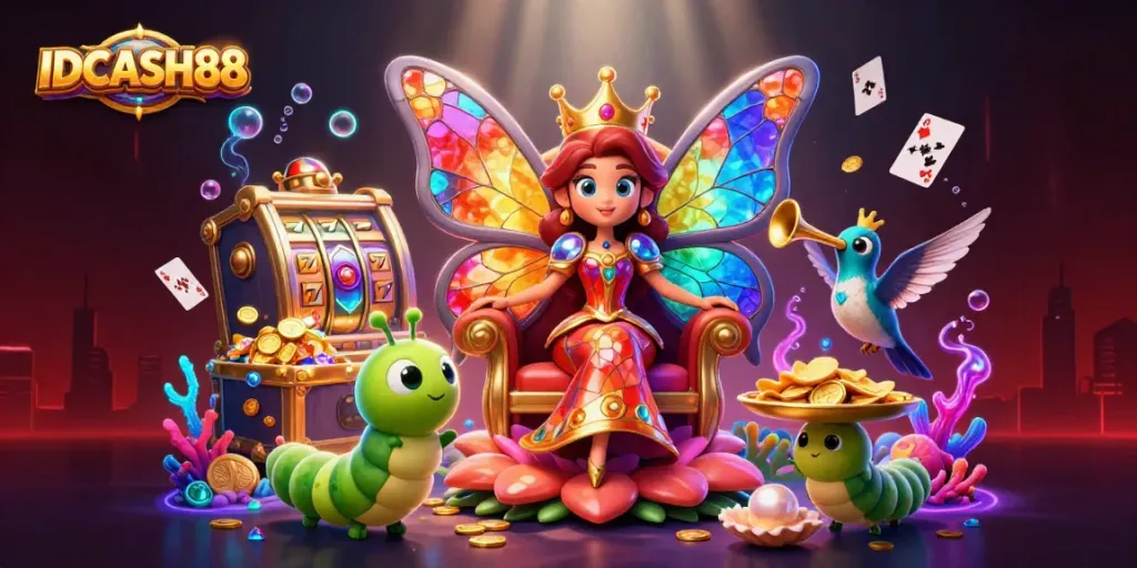 Experience the enchanting world of IDCASH88 through a vibrant 3D illustration showcasing dynamic characters and captivating casino-themed elements.