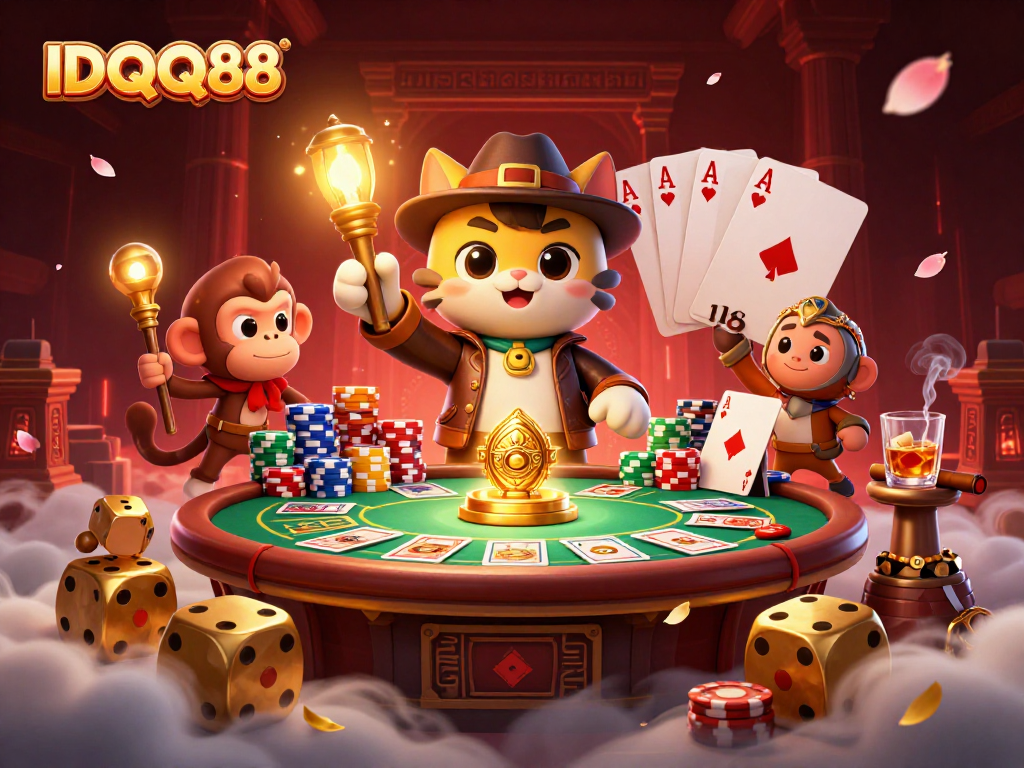 IDQQ88 showcases an explorer cat and monkey highlighting thrilling poker gaming in a vibrant scene.