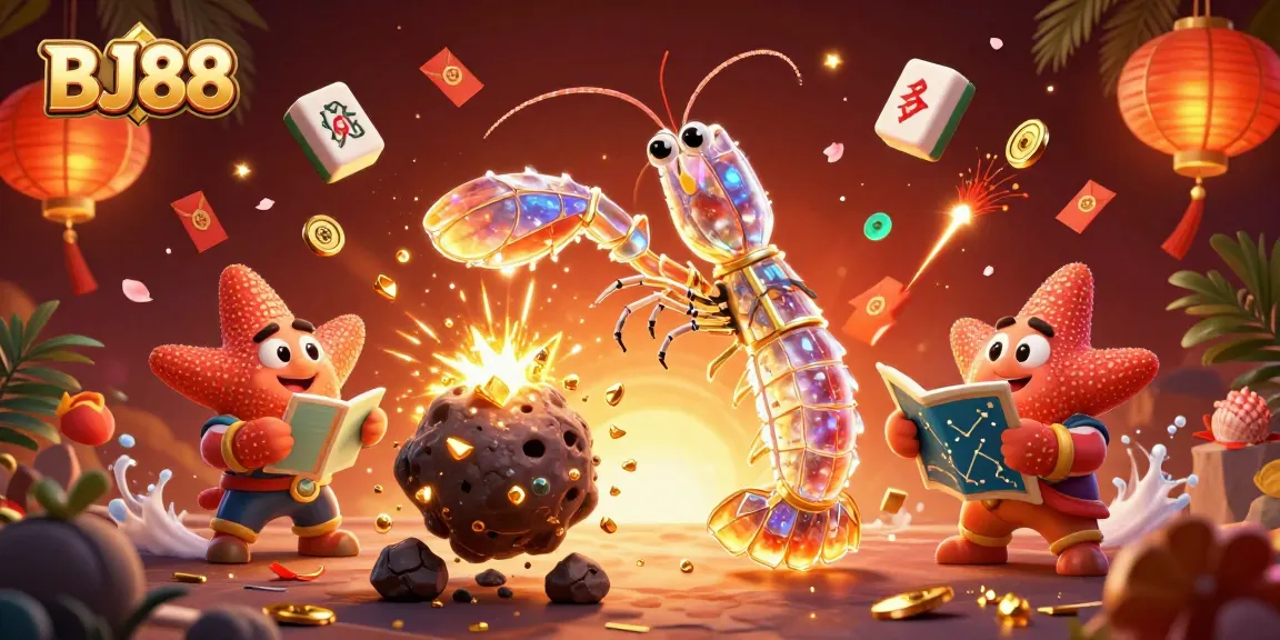 BJ88 engages players with vibrant action, featuring galactic mantis shrimp amidst sparkling gems and casino elements.
