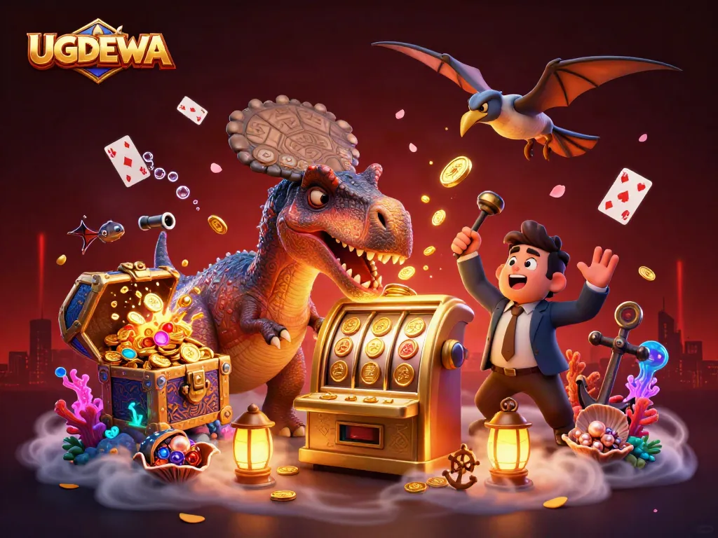 Engaging scene of UGDEWA featuring cartoon dinosaurs in a vibrant casino setting embracing fun and excitement.