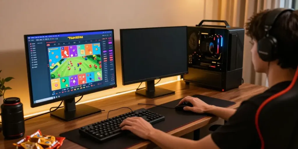 Pengguna berinteraksi dengan layar togel online modern, menunjukkan antarmuka permainan berwarna dan grafis yang menarik.