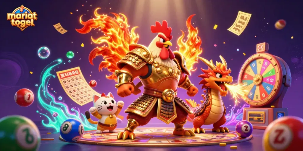 Mariatogel players engage in thrilling gameplay with an energetic rooster warrior and a dragon hatchling among colorful lottery elements!