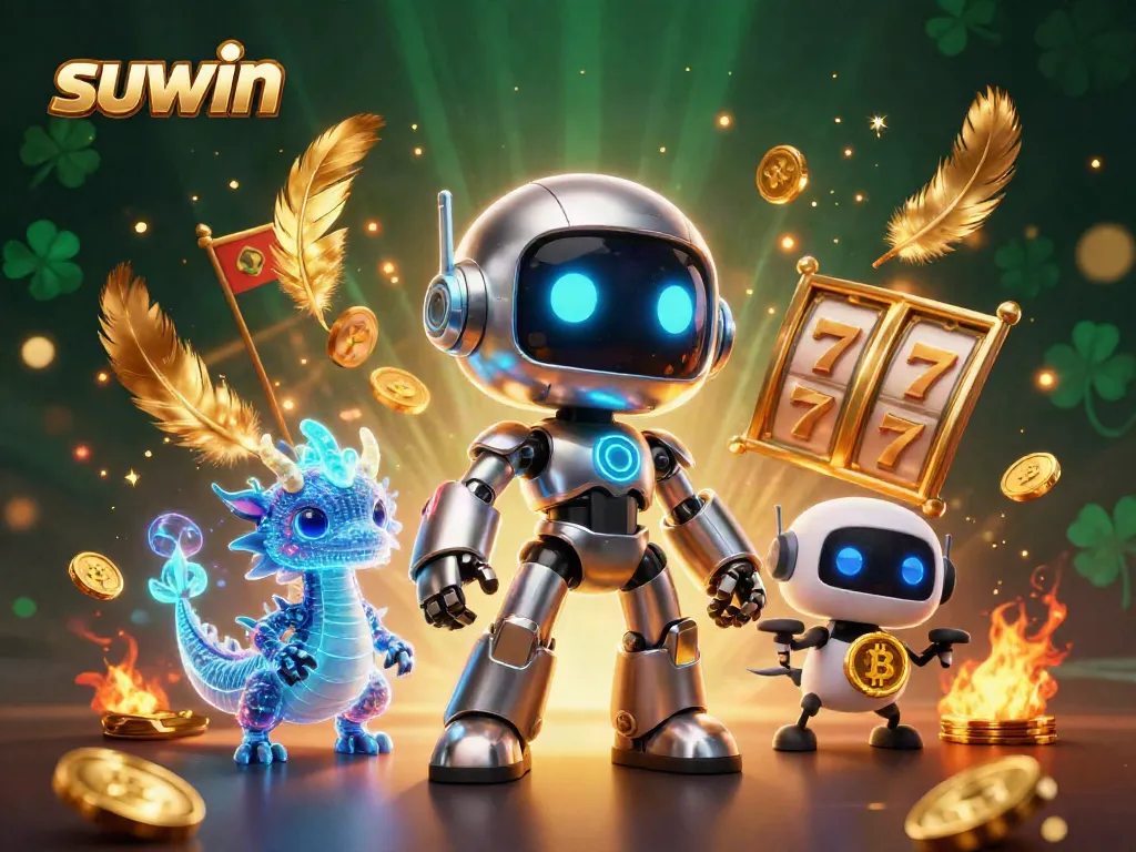 Suwin slots come alive with a robotic mascot, dragon companion, and vibrant casino elements.
