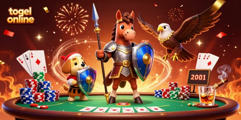 Engage with togel online visuals showcasing a knight, squire, and falcon amidst poker elements.